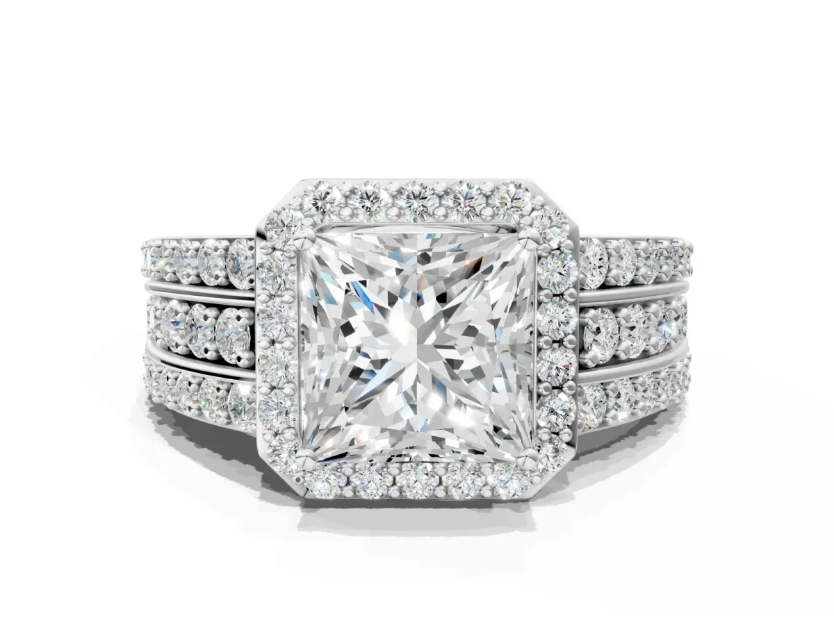 Princess Cut Halo Diamond Ring with Round Moissanite Split Shank and Prong Setting Silver