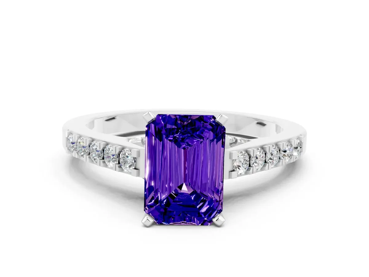 Emerald Cut Tanzanite Solitaire Ring with Crossover Gallery and Round Pavé Band Silver