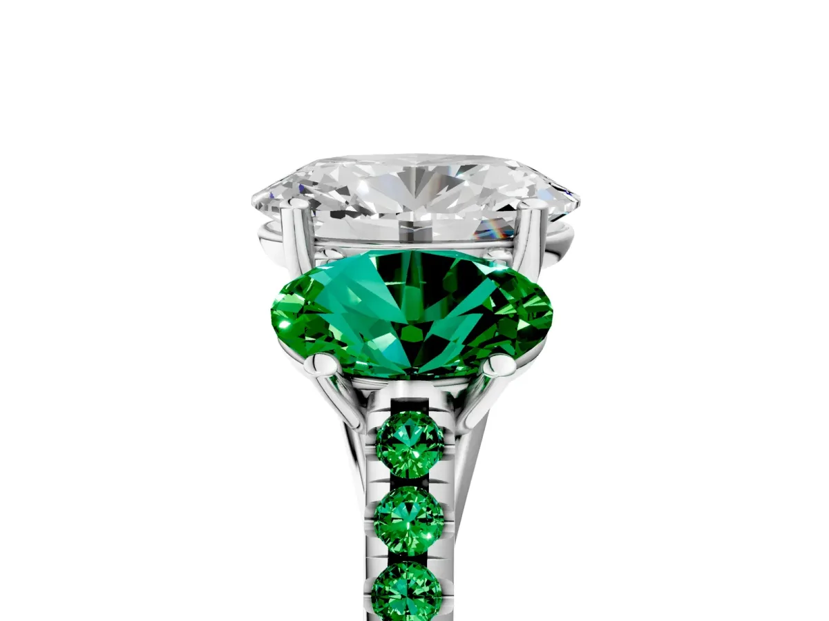 Three-Stone Oval Cut Diamond Ring with Round Emerald Pavé Band and Prong Setting Silver