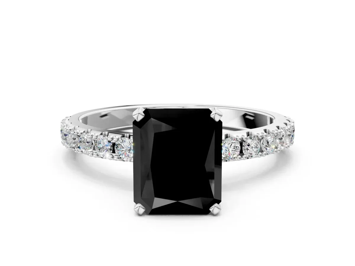 Fancy Black Radiant Cut Diamond Solitaire Pavé Band with Four-Prong Setting Silver