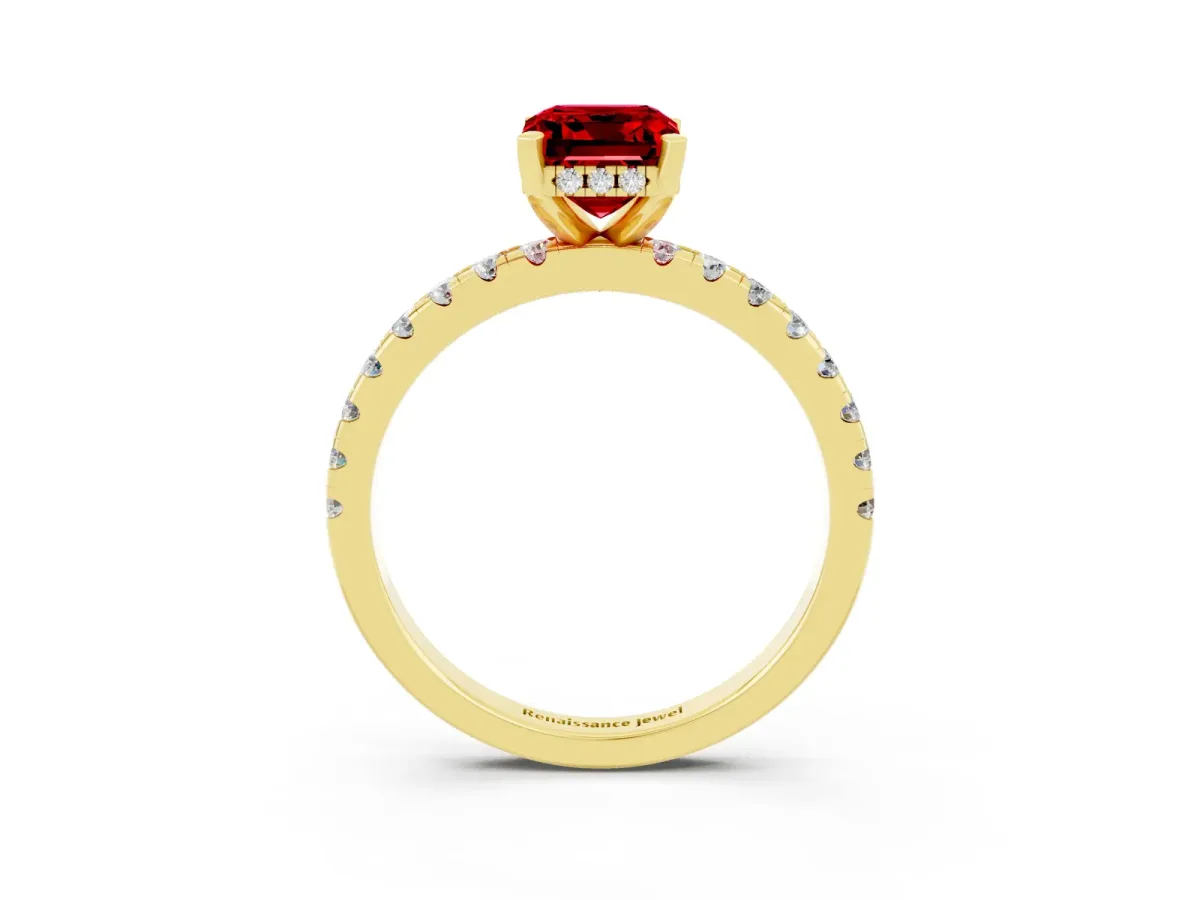 Emerald Cut Ruby Solitaire Ring with Round Pavé Band and Four-Prong Setting Yellow gold