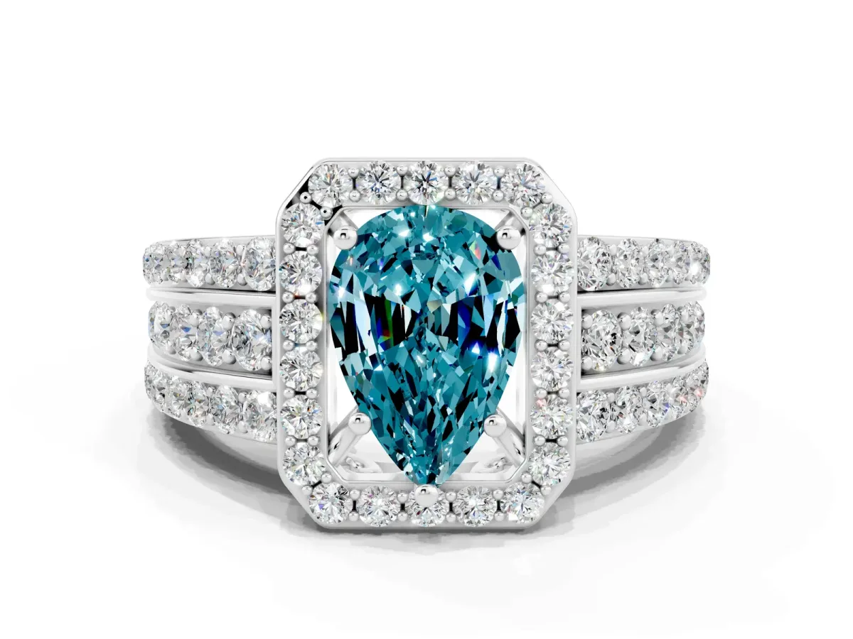Pear Cut Halo Blue Topaz Ring with Round Split Shank and Prong Setting Silver
