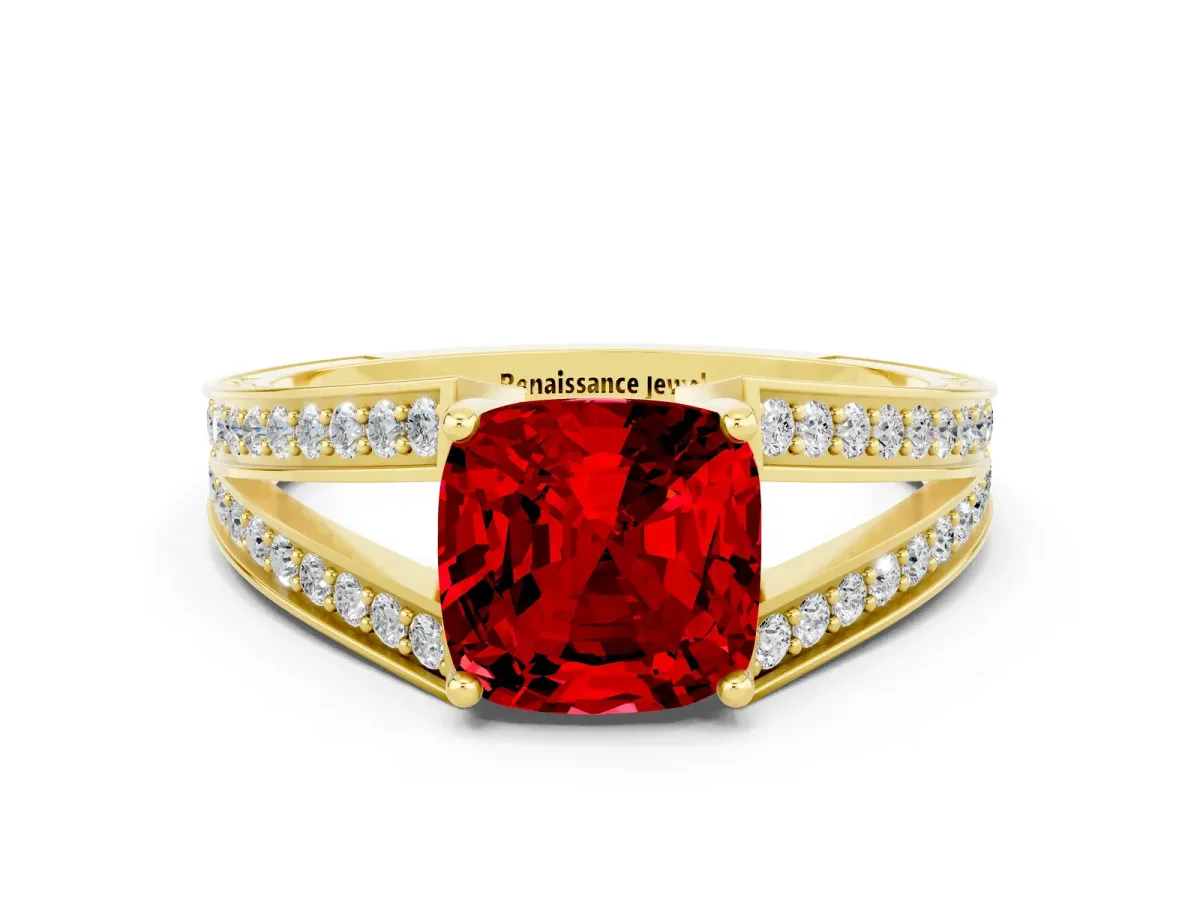 Cushion Cut Ruby Split Shank Ring with Pavé Band and Four-Prong Setting Yellow gold