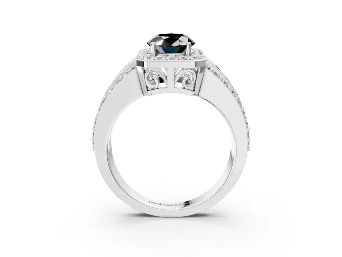 Fancy Black Oval Cut Halo Diamond Ring with Round Split Shank and Prong Setting Silver