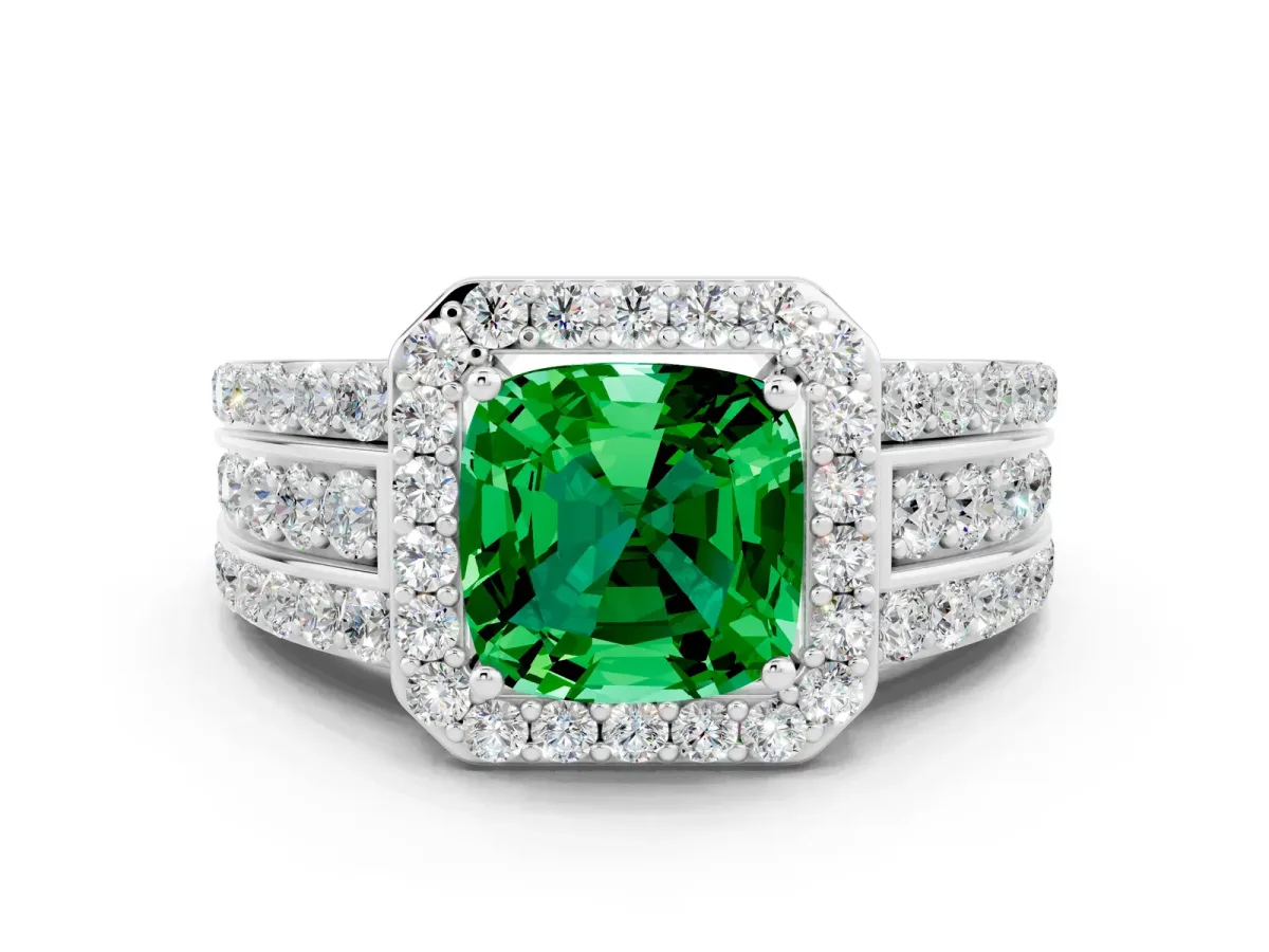 Cushion Cut Halo Emerald Ring with Round Split Shank and Prong Setting Platinum