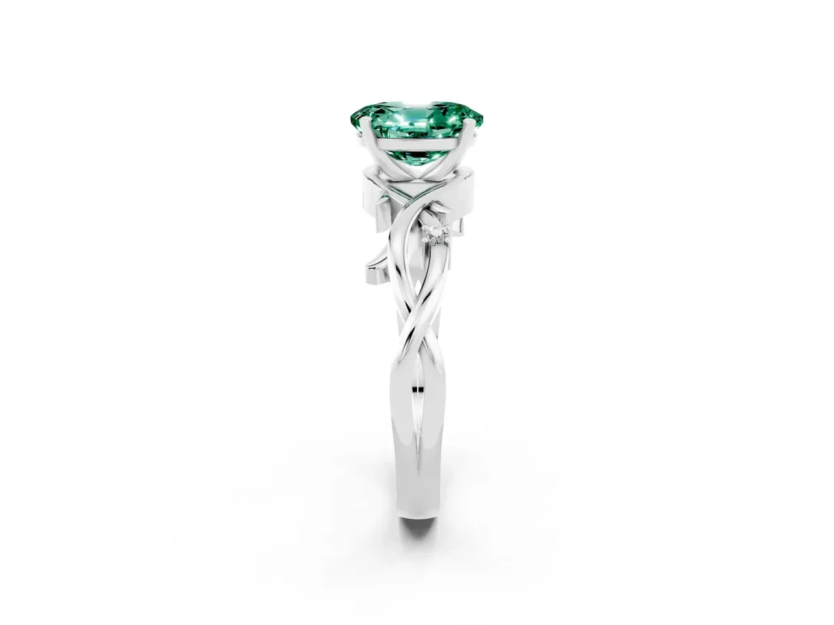 Oval Cut Green Sapphire Solitaire Ring with Twisted Band and Prong Setting Silver