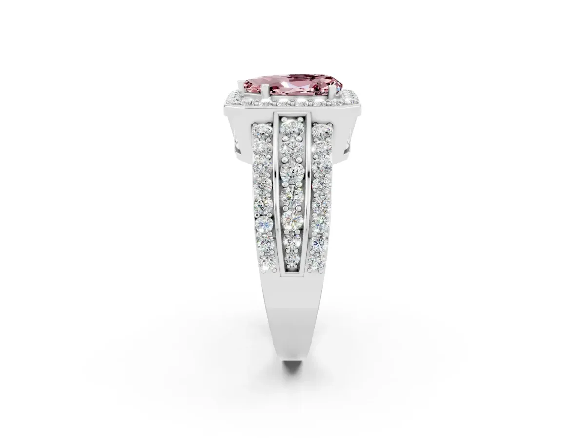 Pear Cut Halo Morganite Ring with Round Split Shank and Prong Setting White gold