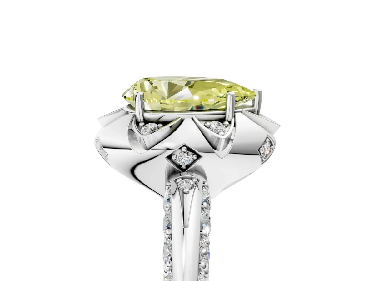 Fancy Yellow Pear Cut Halo Split Shank Pave Diamond Ring with Petal Prong Setting Platinum