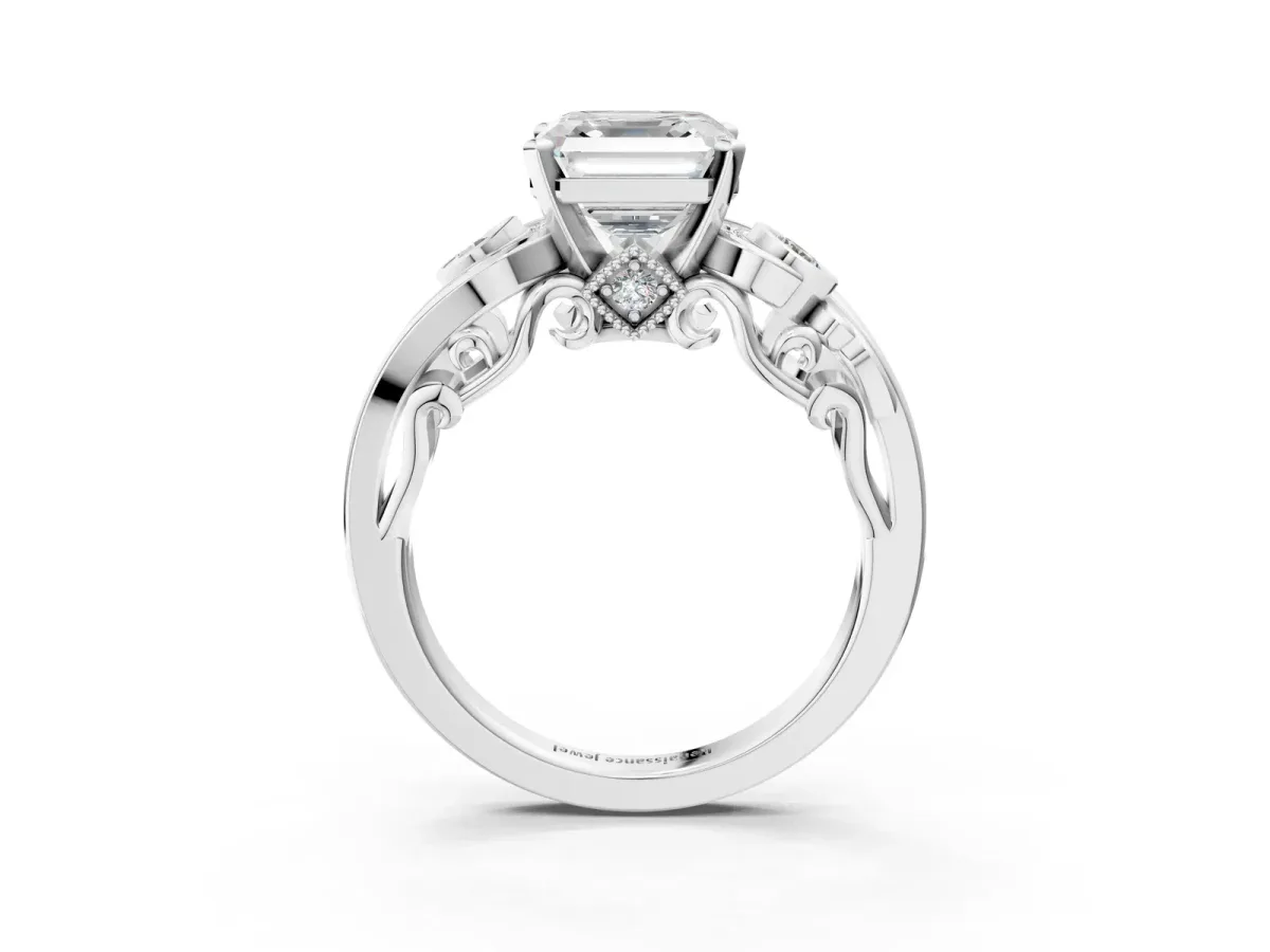 Asscher Cut Diamond Solitaire Ring with Milgrain Pavé Band and Four-Prong Setting Silver