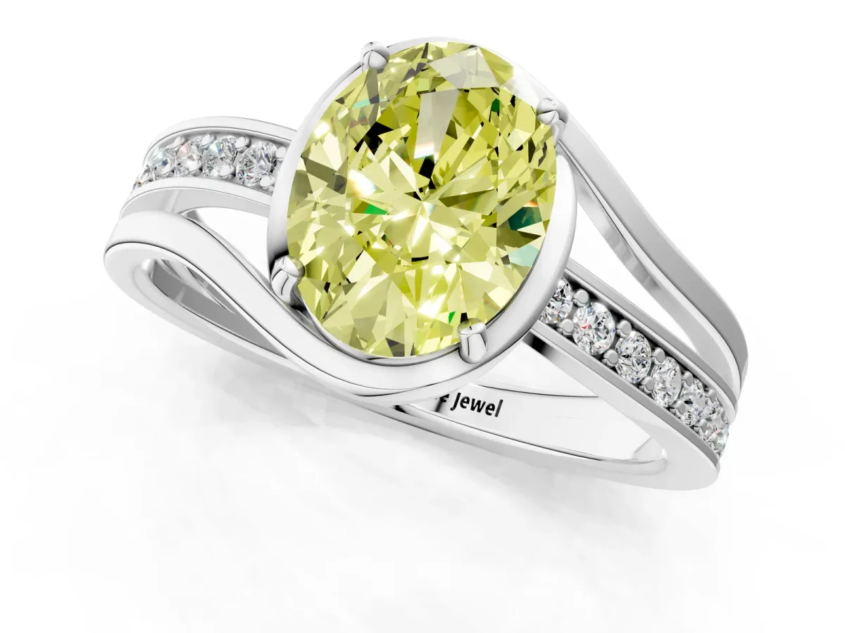 Fancy Yellow Oval Cut Diamond Solitaire Ring with Split Shank and Prong Setting White gold