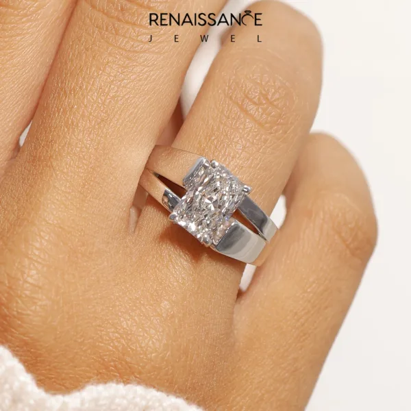 Modern Tension Set Radiant Cut Diamond Solitaire Wide Band Ring Platinum