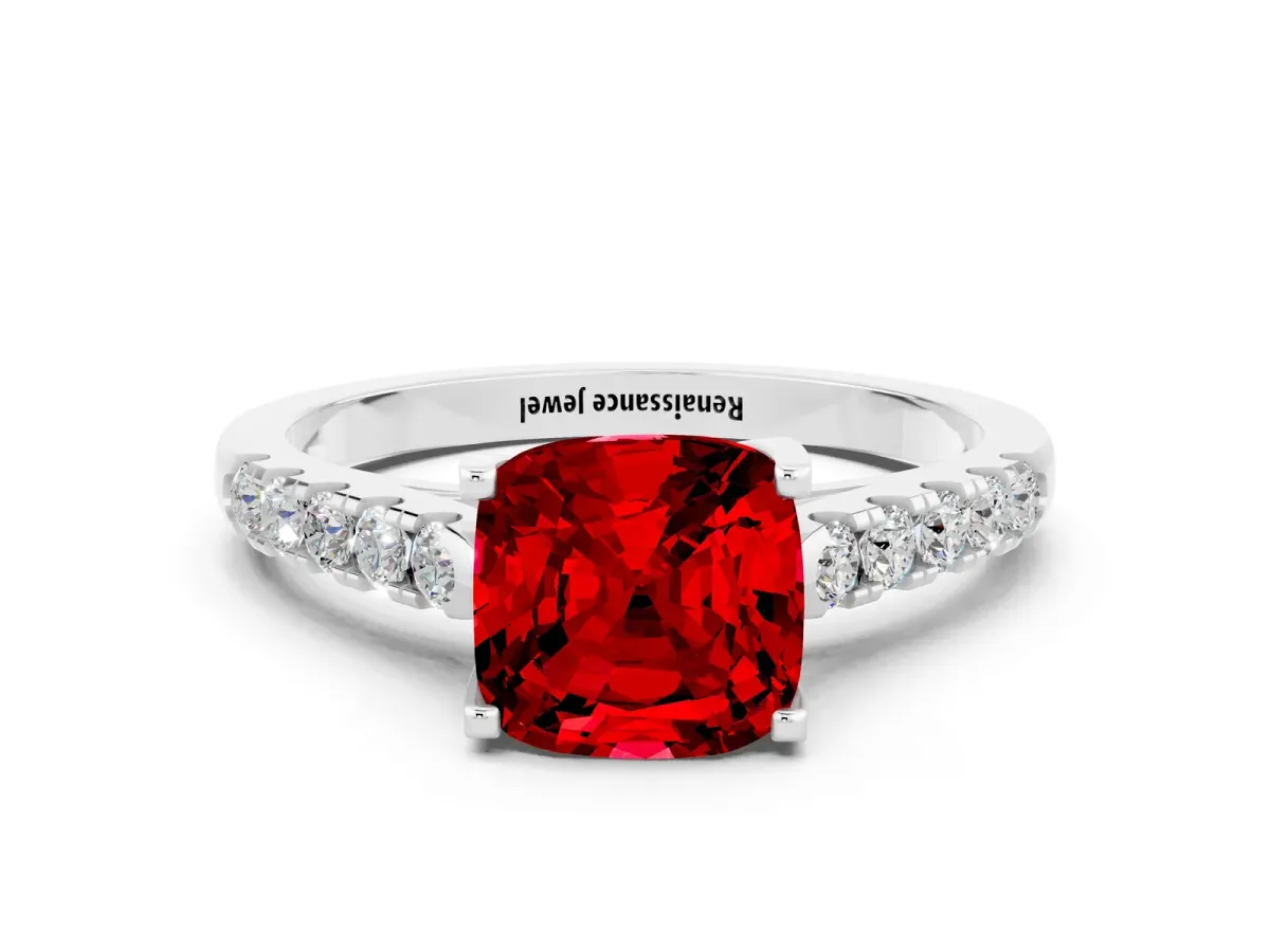 Cushion Cut Ruby Pavé Band Solitaire Ring with Prong Setting Platinum