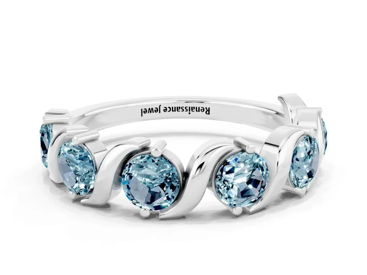 Six-Stone Round Aquamarine Wave Band with Shared Prong Setting White gold