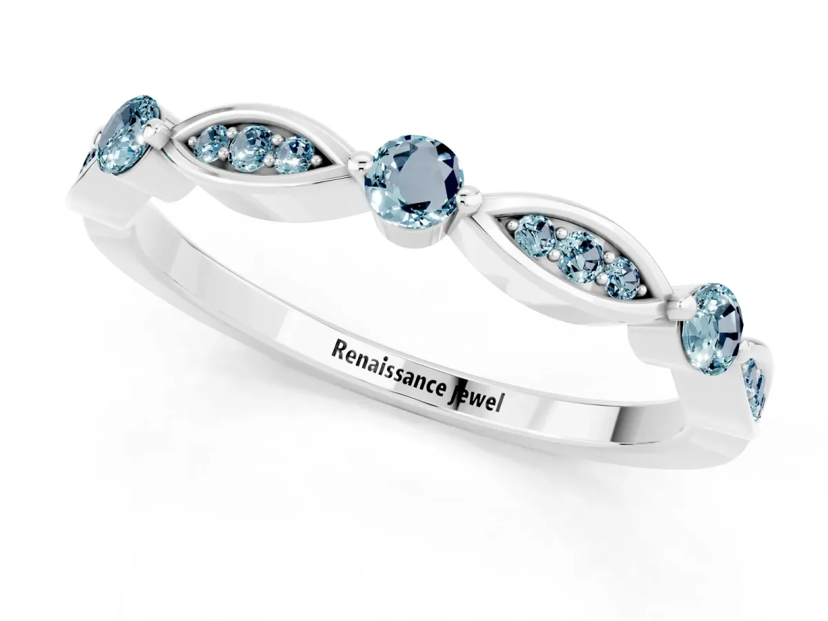 Marquise and Round Aquamarine Milgrain Band with Bezel Setting Silver