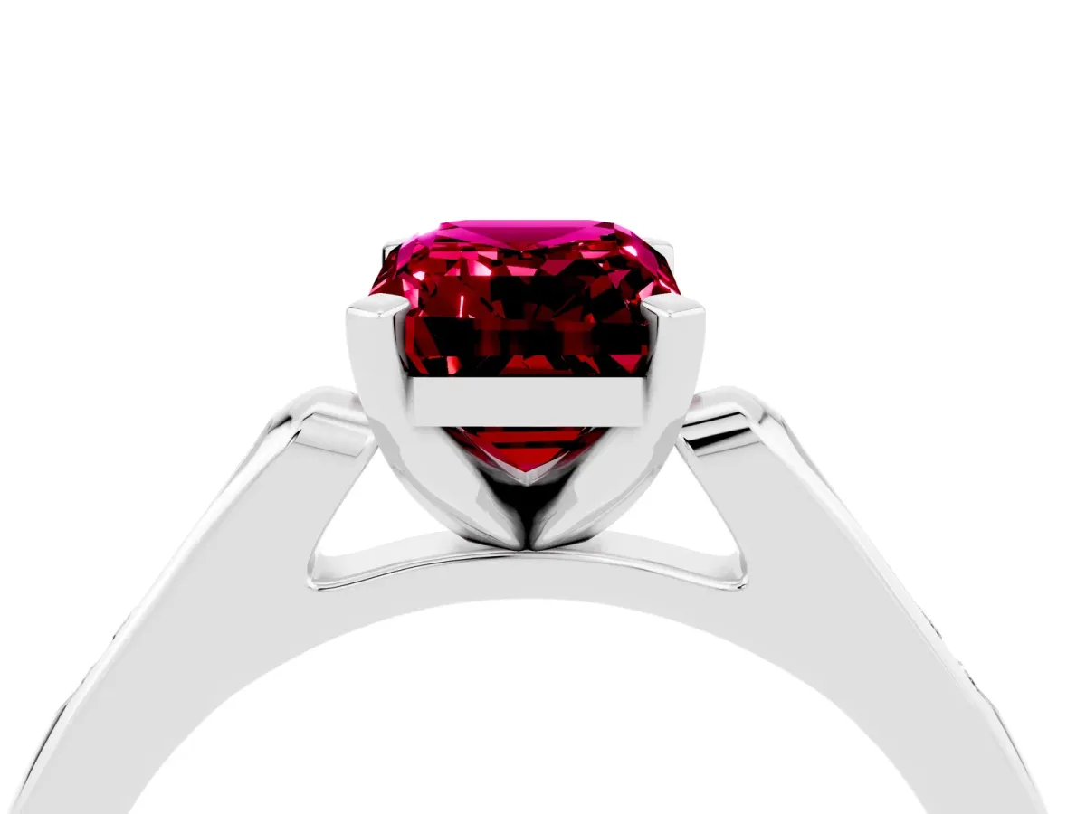 Emerald Cut Garnet Solitaire Ring with Channel Set Round Band and Prong Setting Silver