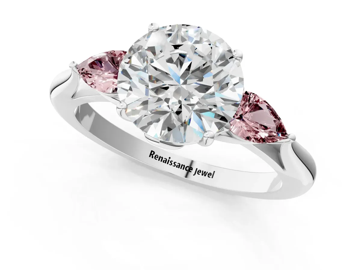 Round Cut Diamond Three-Stone Ring with Pear Morganite Side Stones and Prong Setting Silver