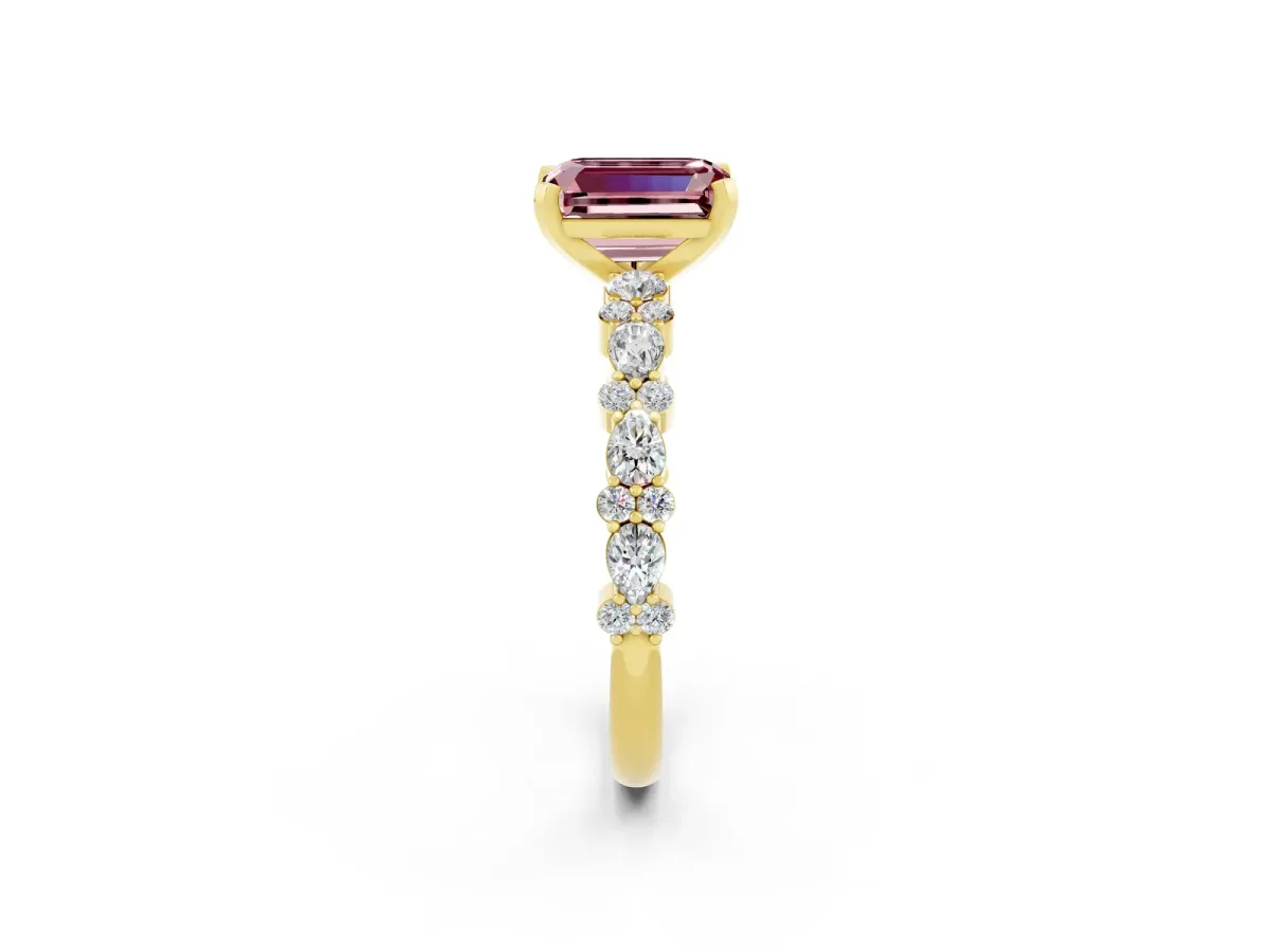 Emerald Cut Morganite Side Stone Solitaire Ring with Round and Four-Prong Setting Yellow gold