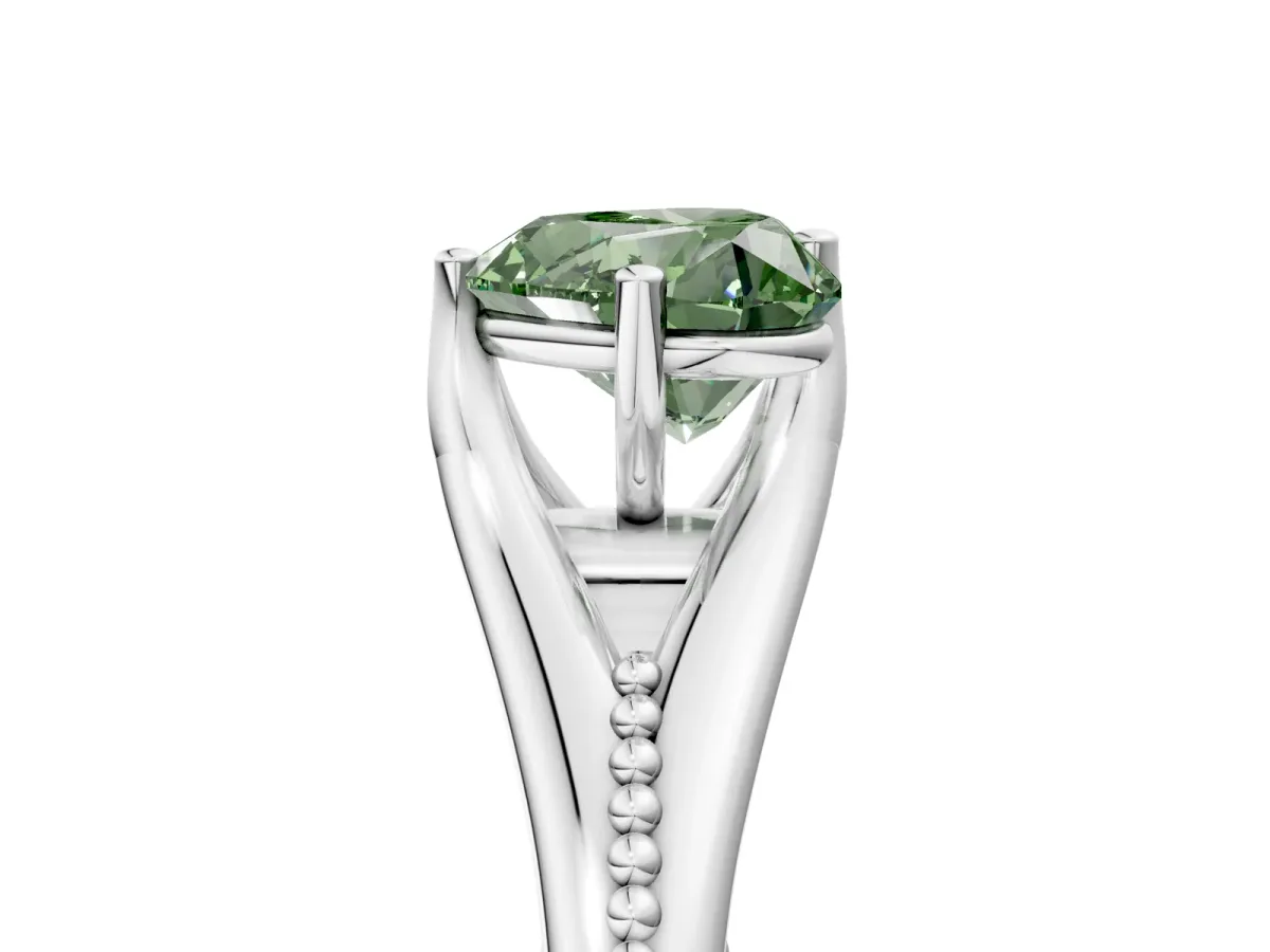 Fancy Green Heart Cut Solitaire Beaded Band Six-Prong Setting Platinum