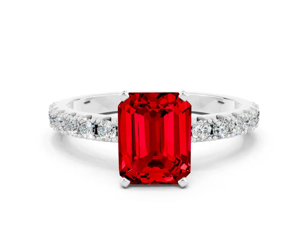 Emerald Cut Ruby Solitaire Pavé Band with Four-Prong Setting Silver