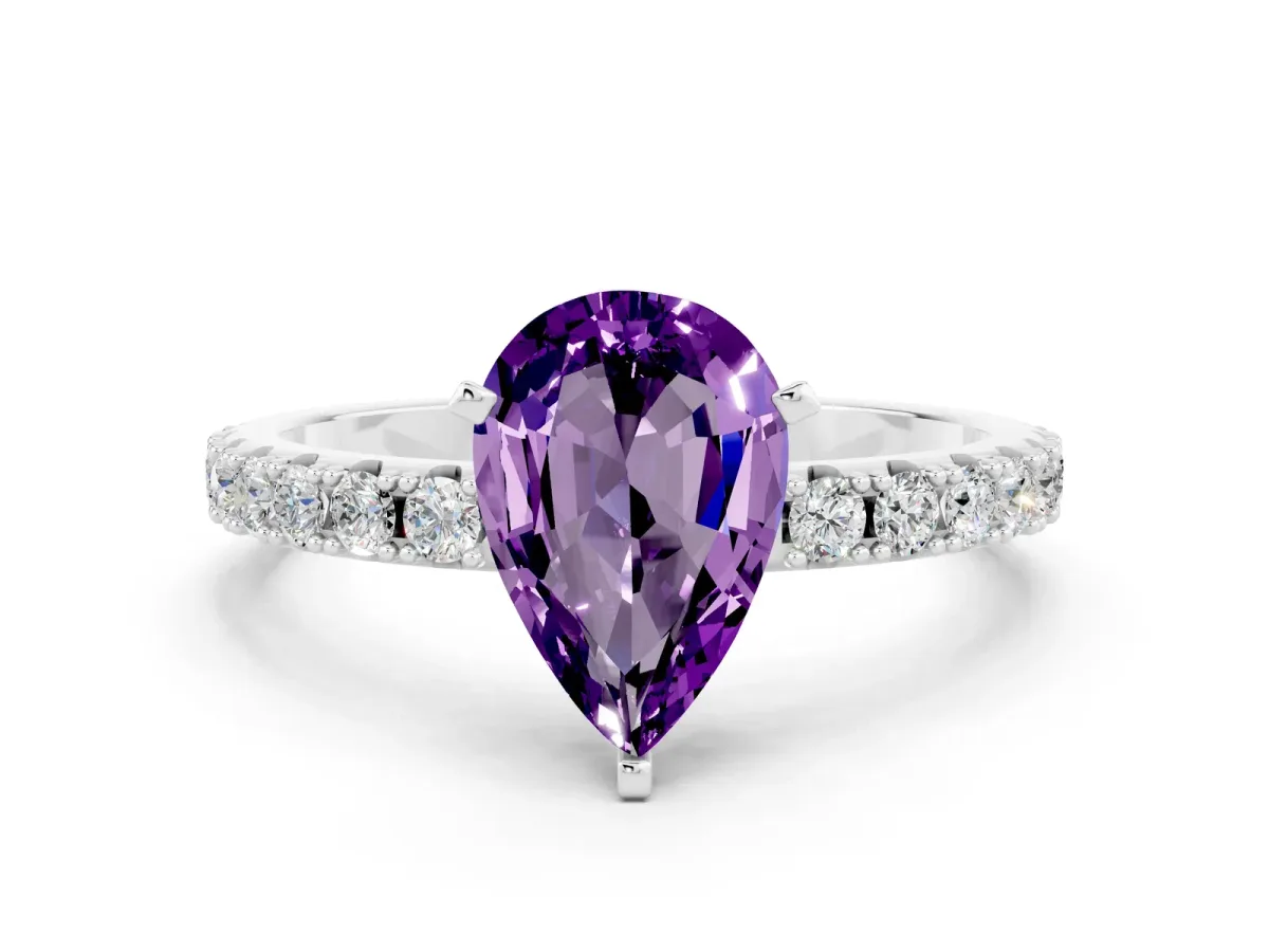 Pear Cut Amethyst Solitaire Pavé Band with Four-Prong Setting Silver