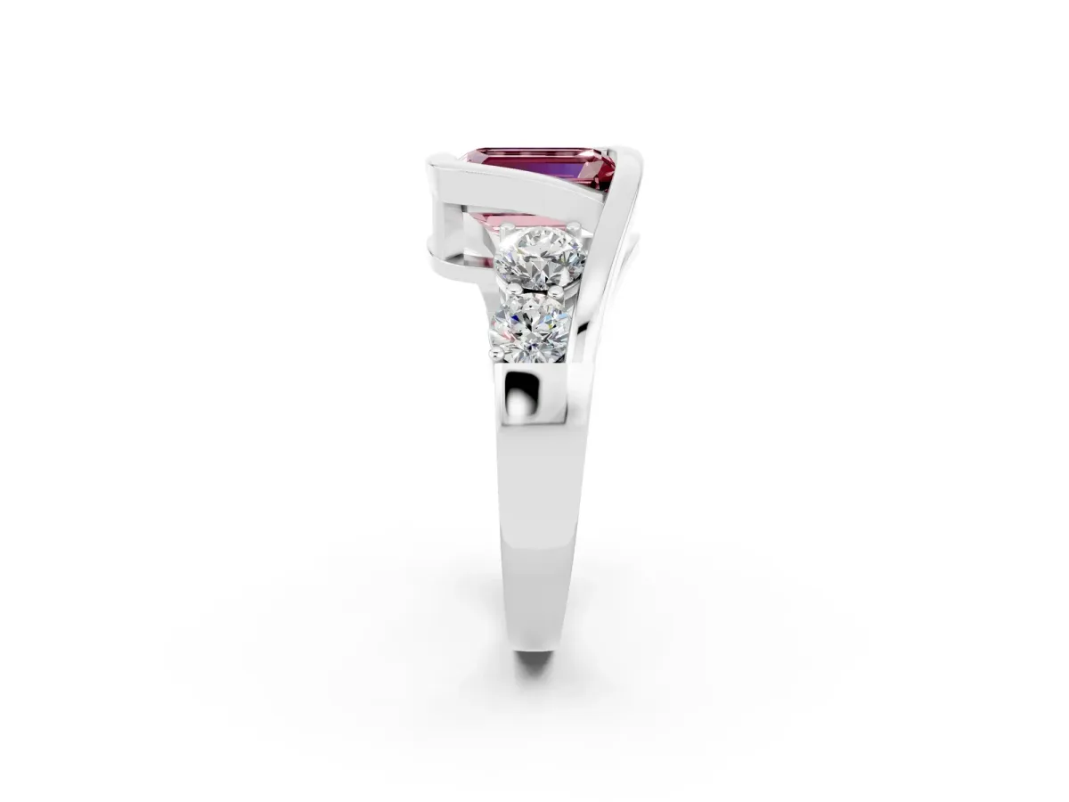 Bezel Set Emerald Cut Morganite Bypass Ring with Round Accents Platinum