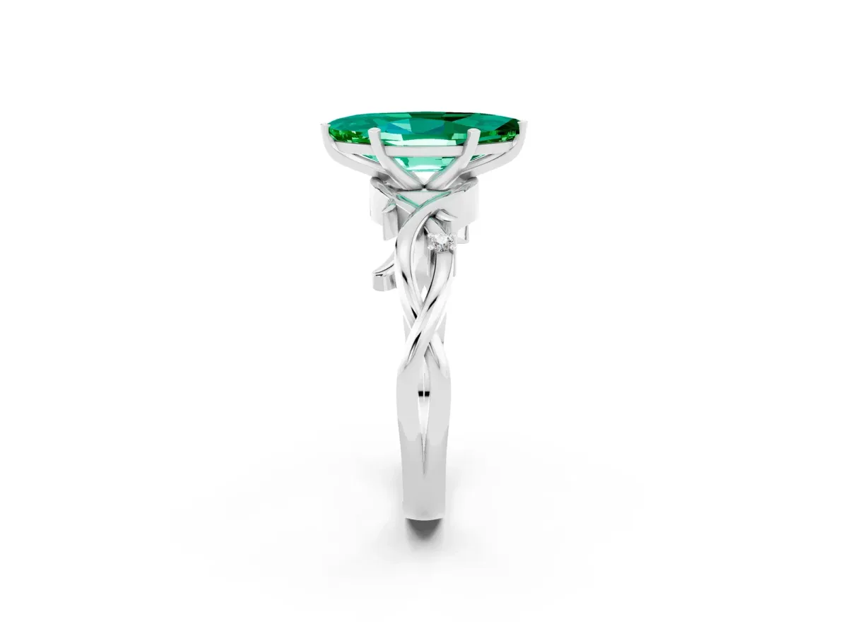 Marquise Cut Emerald Solitaire Ring with Twisted Band and Prong Setting Silver