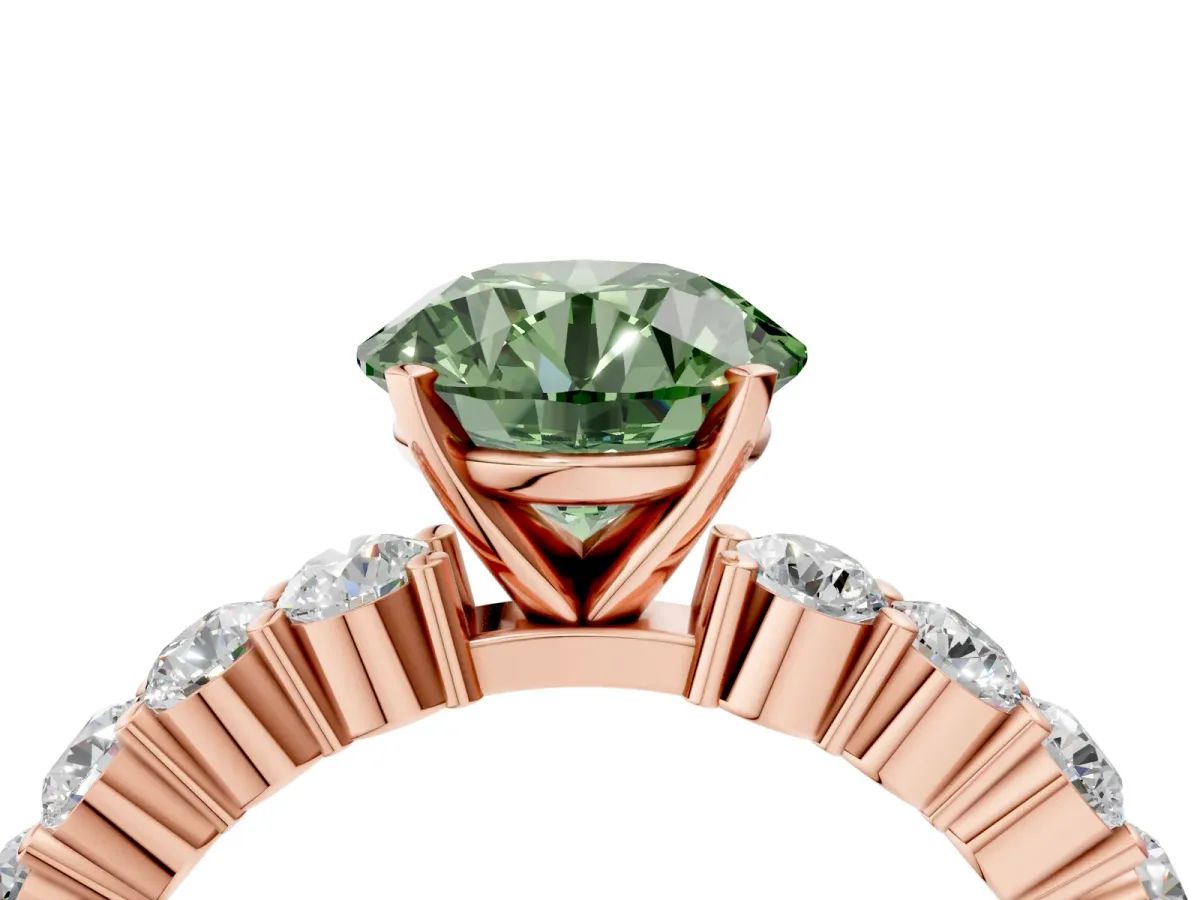 Fancy Green Round Cut Diamond Solitaire Ring with Shared Prong Round Side Stones Rose gold
