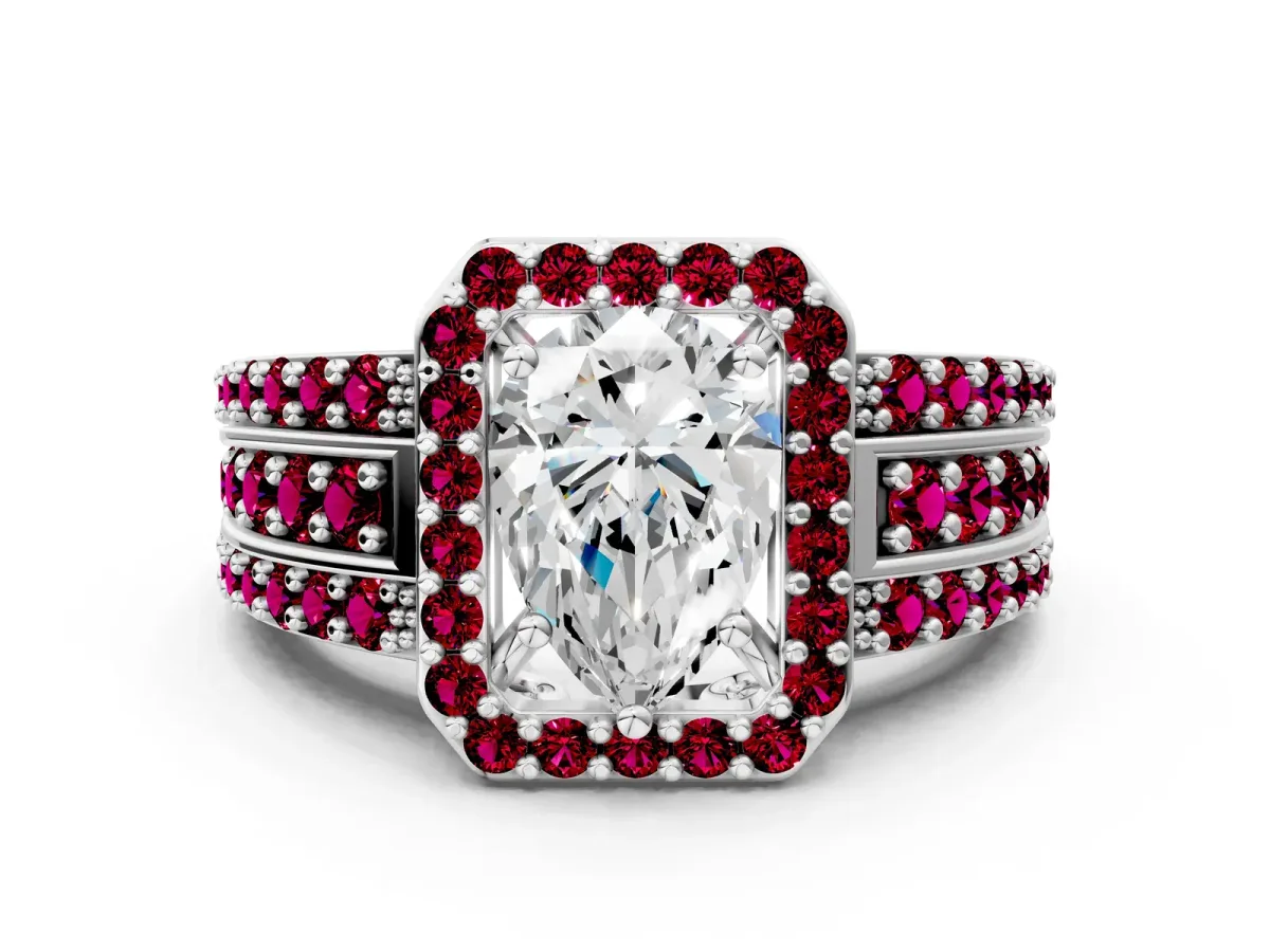 Pear Cut Halo Diamond Ring with Round Garnet Split Shank and Prong Setting Platinum
