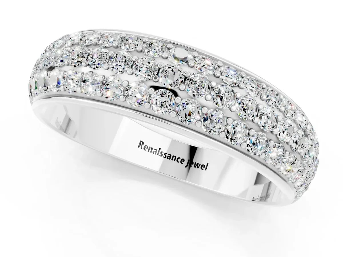 Three-Row Round Moissanite Eternity Band with Shared Prong Setting White gold