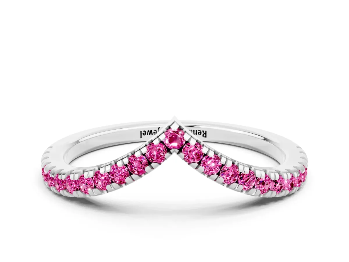 Pavé Round Pink Sapphire V-Shaped Chevron Band with Shared Prong Setting Silver