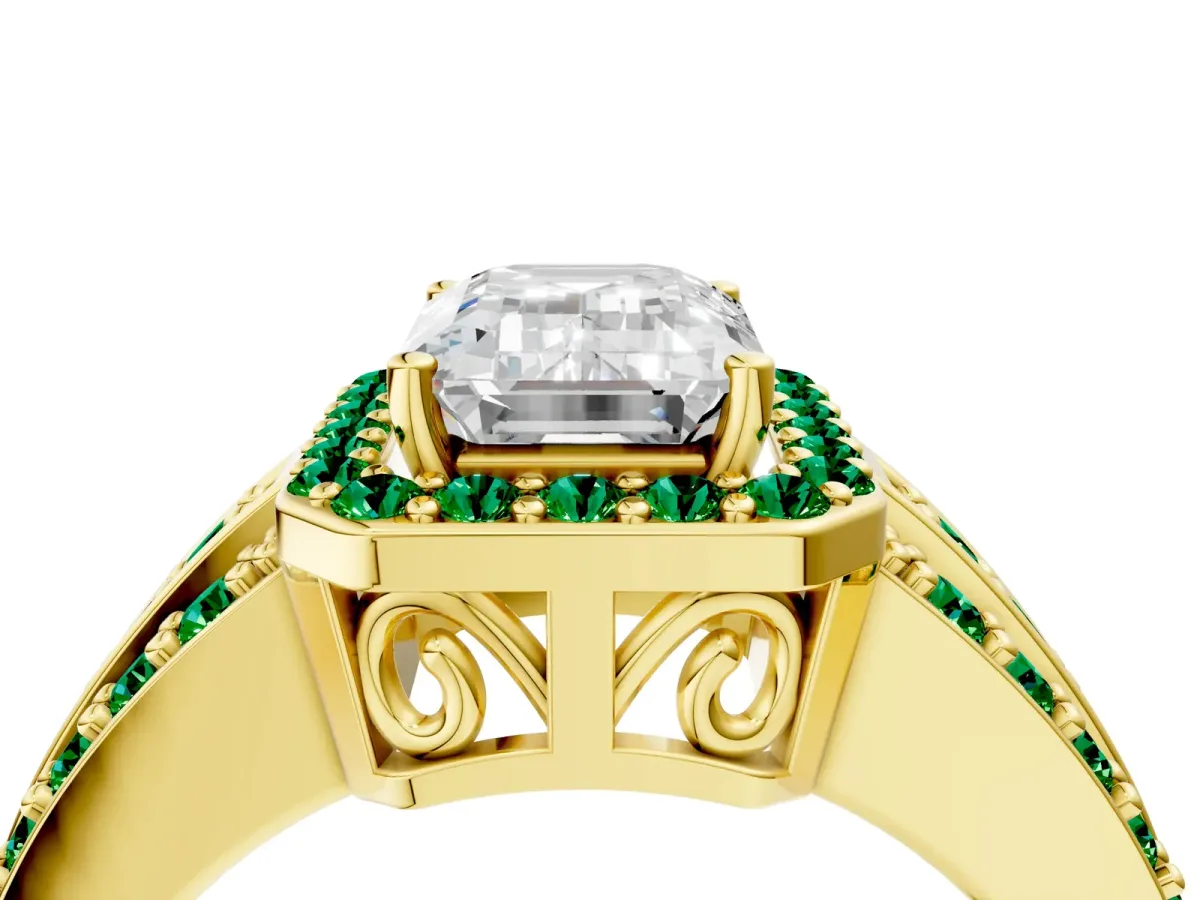 Emerald Cut Halo Diamond Ring with Round Emerald Split Shank and Prong Setting Yellow gold
