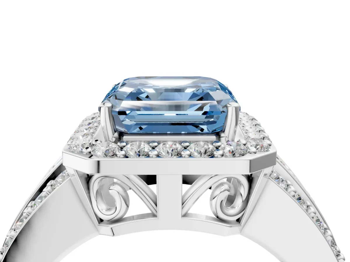 Fancy Blue Asscher Cut Halo Diamond Ring with Round Split Shank and Prong Setting Platinum