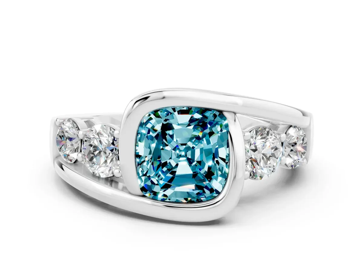 Bezel Set Cushion Cut Blue Topaz Bypass Ring with Round Accents Silver