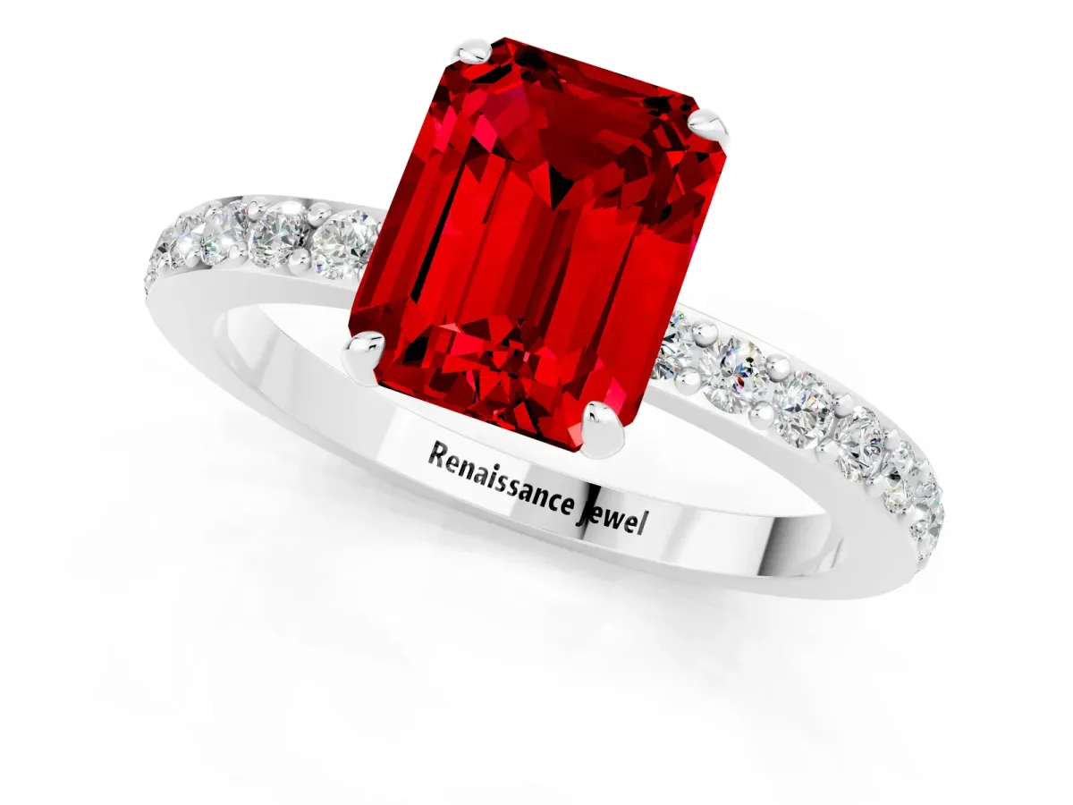 Emerald Cut Ruby Solitaire Engagement Ring with Pavé Band and Four-Prong Setting White gold