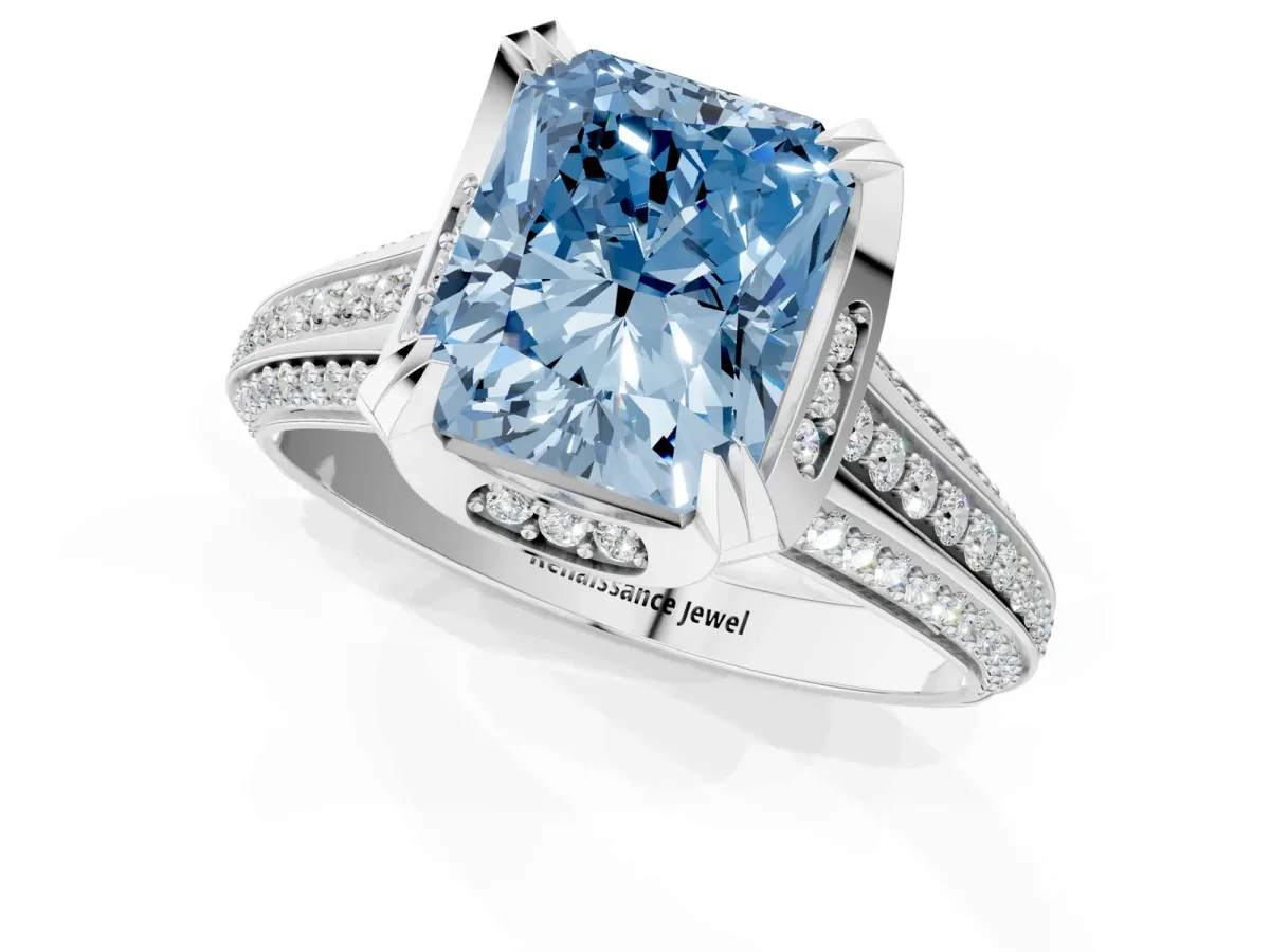 Fancy Blue Radiant Cut Solitaire Pave Split Shank Ring with Four-Prong Setting Platinum