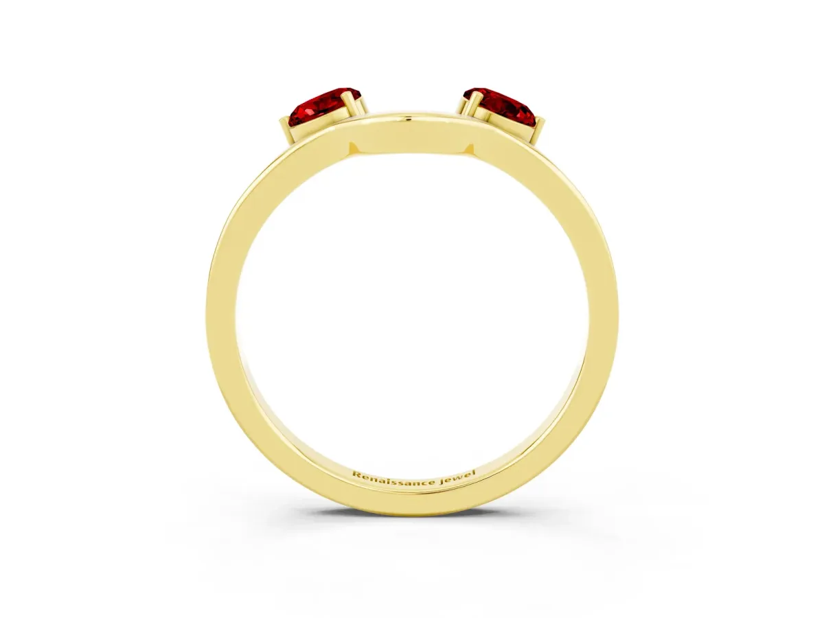 Dual Round Ruby Open Band Ring with Prong Setting Yellow gold