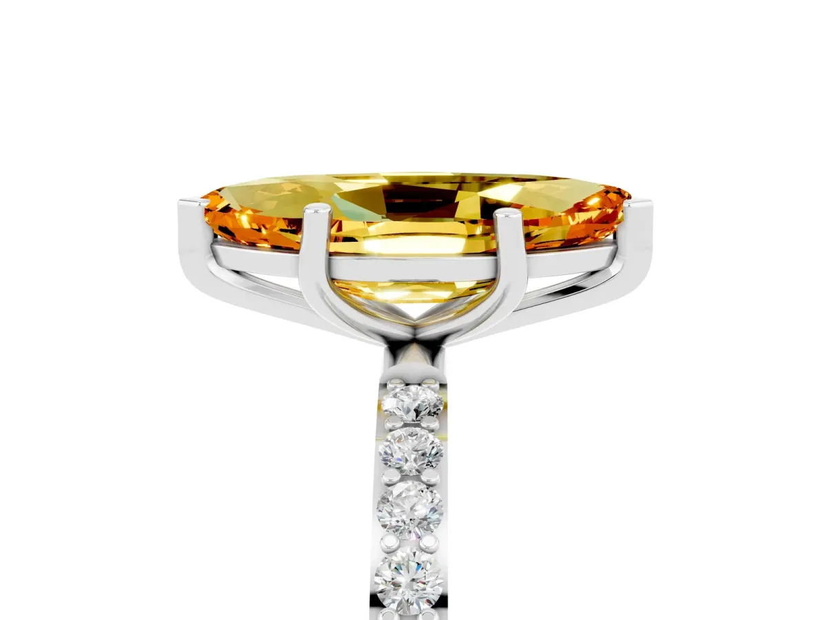 Marquise Cut Citrine Solitaire Ring with Round Pavé Band and Prong Setting Silver