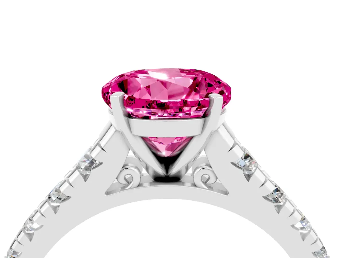 Round Cut Pink Sapphire Cathedral Solitaire Ring with Round Pavé Band Silver