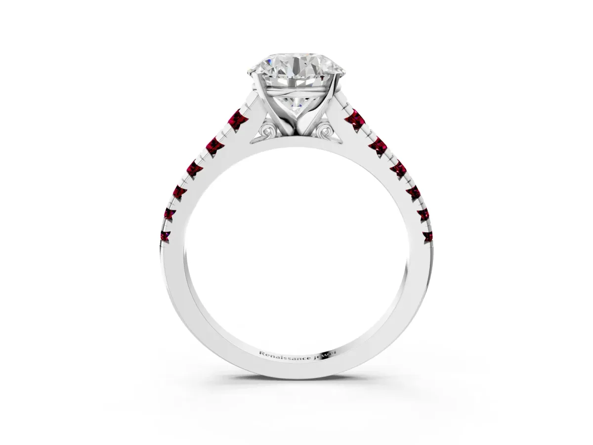 Round Cut Diamond Cathedral Solitaire Ring with Round Garnet Pavé Band Platinum