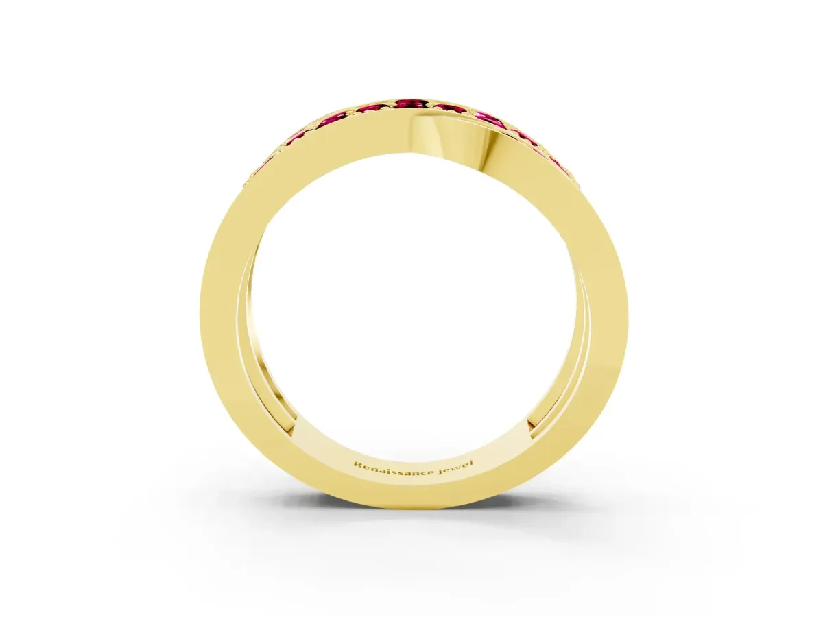 Pavé Round Garnet Crossover Band with Bead Prong Setting Yellow gold