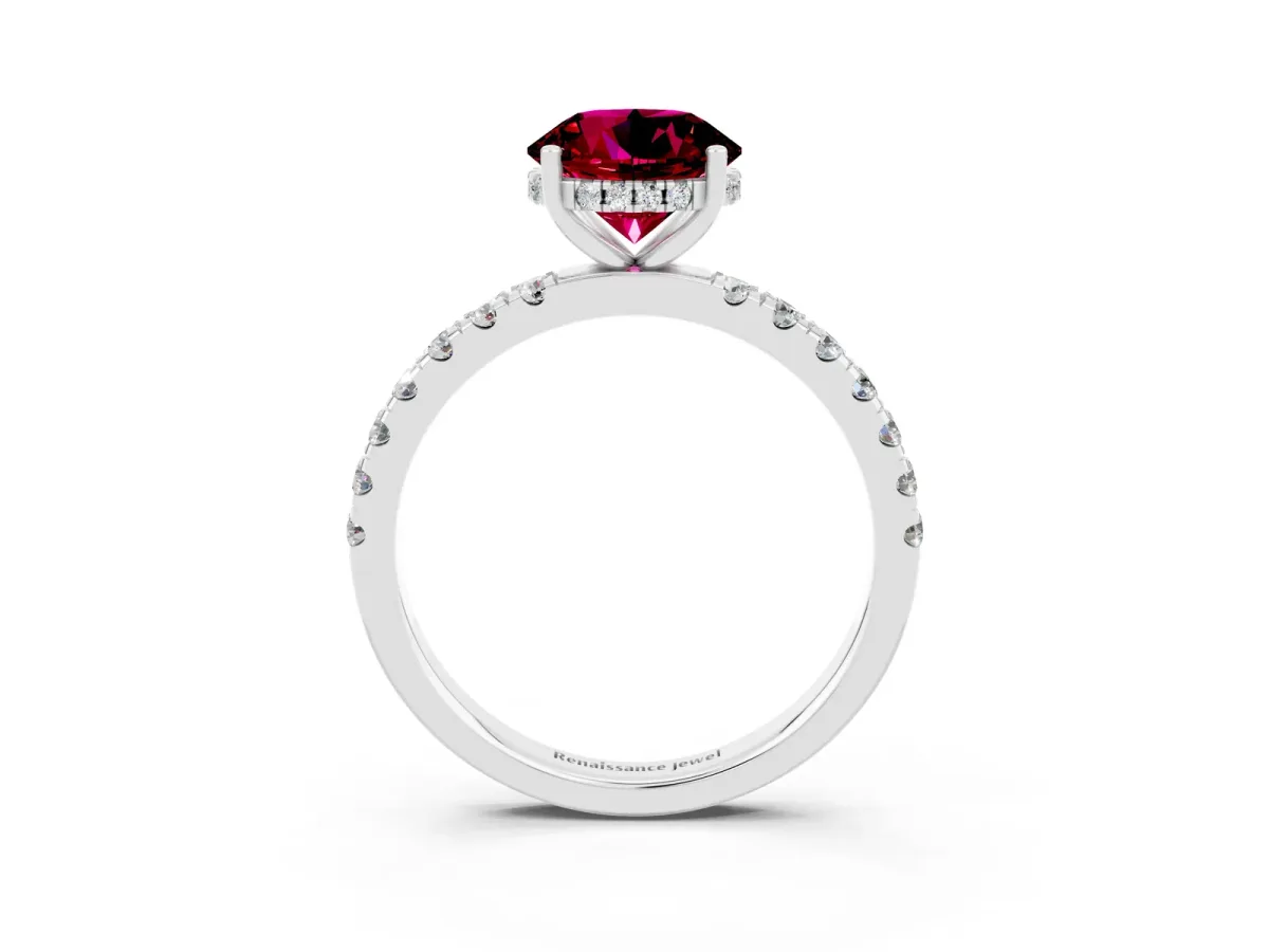 Round Cut Garnet Pave Band Solitaire Ring with Round and Prong Setting Silver