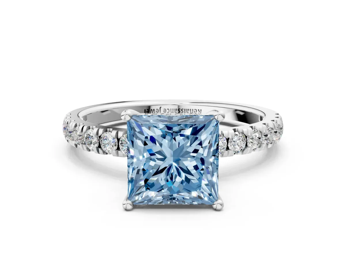 Fancy Blue Princess Cut Diamond Pave Band Solitaire Ring with Round and Prong Setting Silver