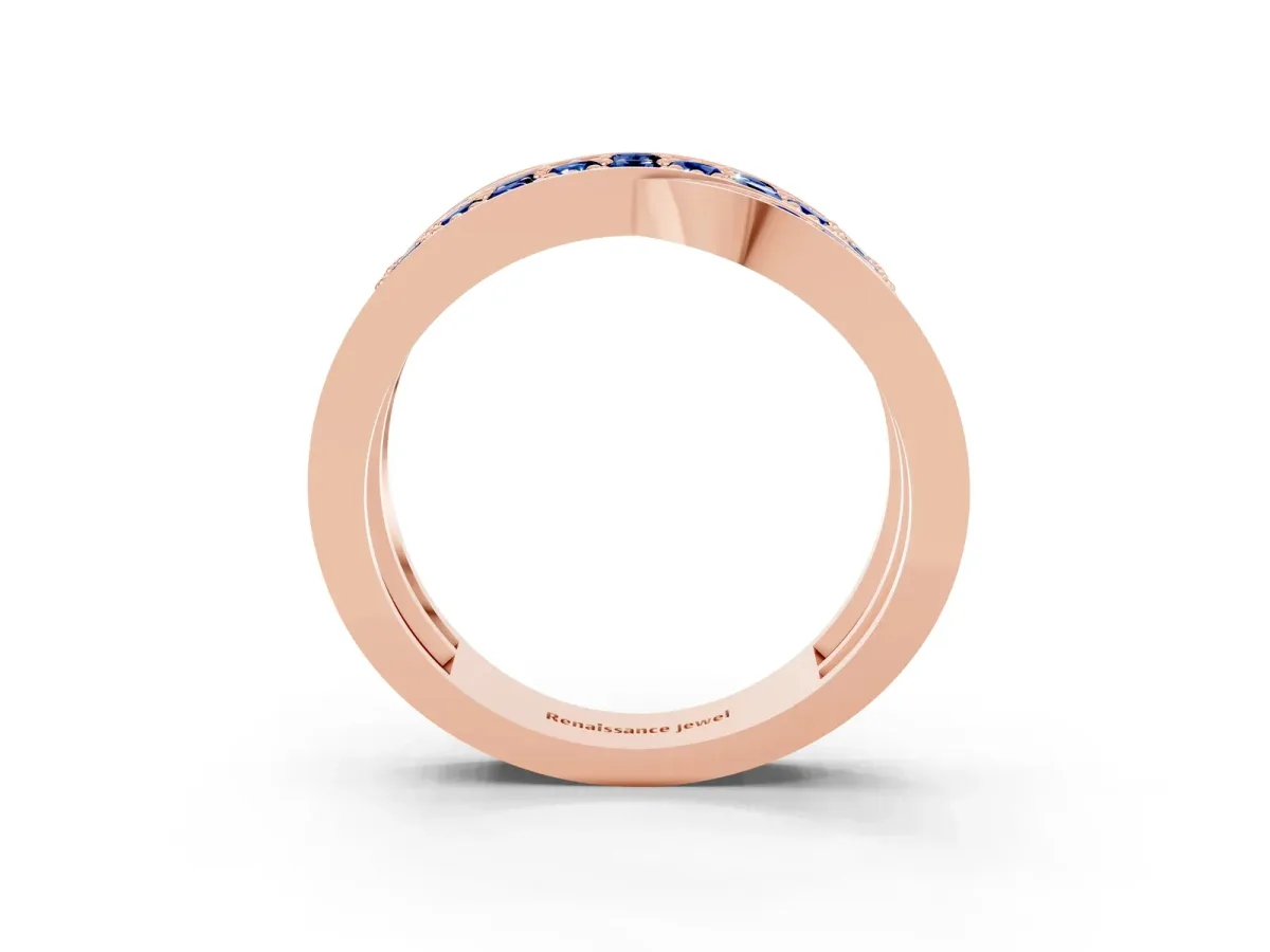 Pavé Round Blue Sapphire Crossover Band with Bead Prong Setting Rose gold