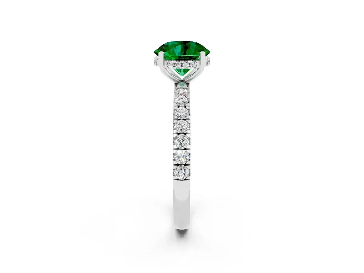 Round Cut Emerald Pave Band Solitaire Ring with Round and Prong Setting Platinum