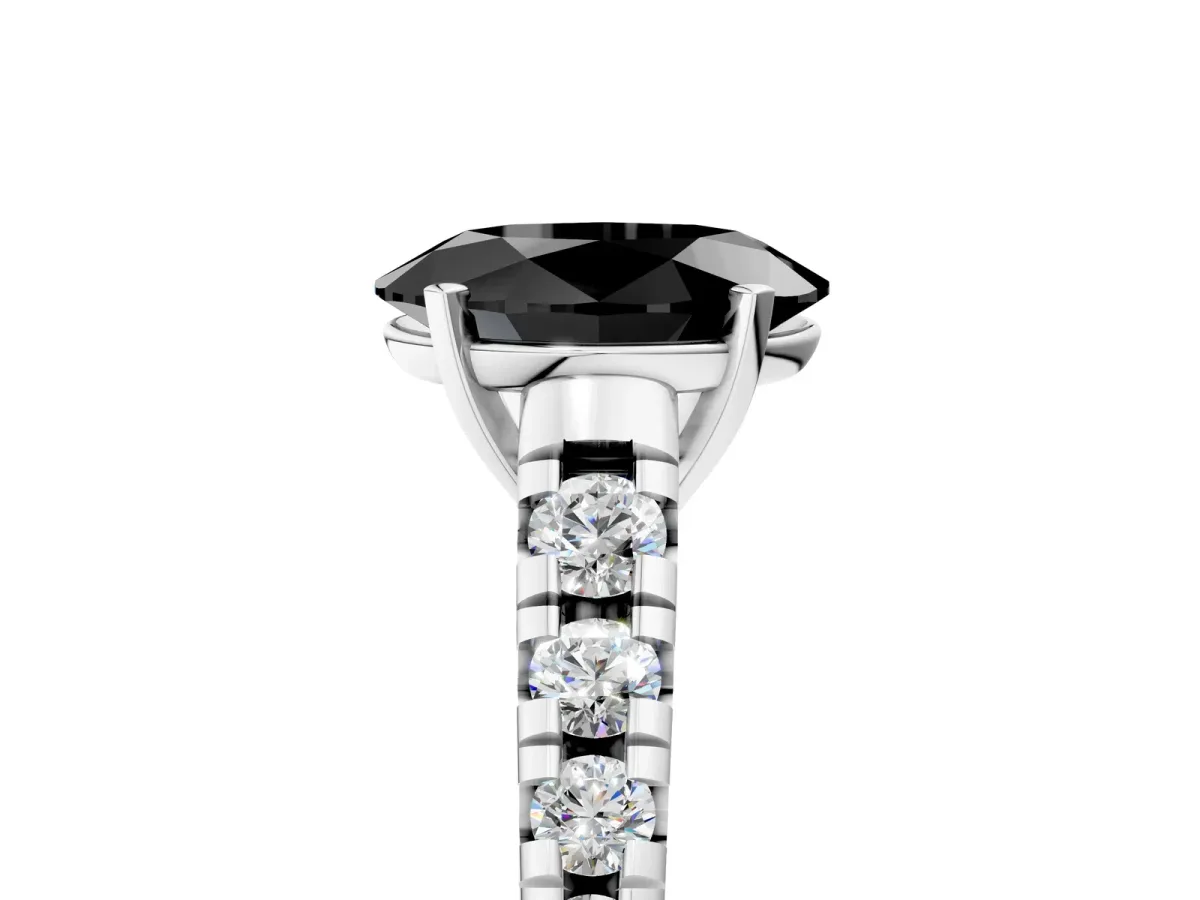 Fancy Black Oval Cut Diamond Cathedral Solitaire Ring with Round Pavé Band Silver