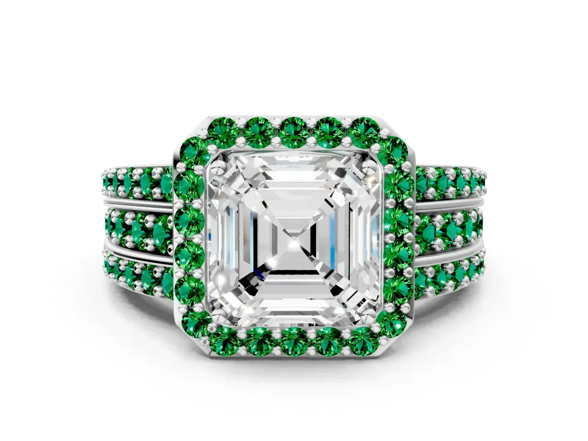 Asscher Cut Halo Diamond Ring with Round Emerald Split Shank and Prong Setting Silver