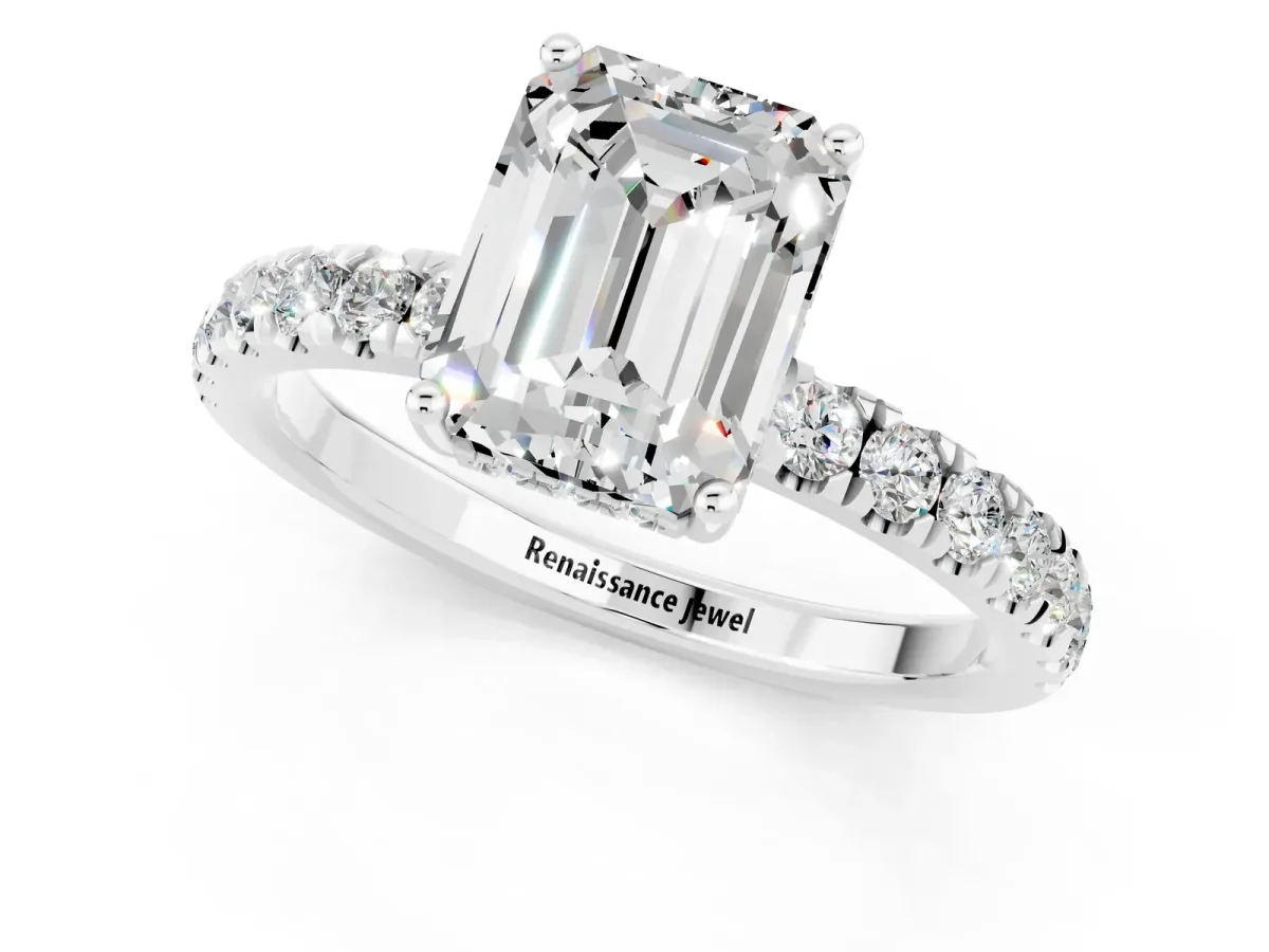 Emerald Cut Moissanite Pave Band Solitaire Ring with Round and Prong Setting Platinum
