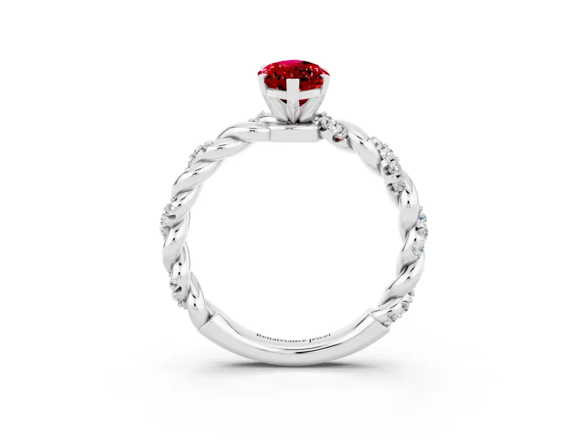 Marquise Cut Ruby Solitaire Ring with Twisted Band and Pavé Accents Platinum