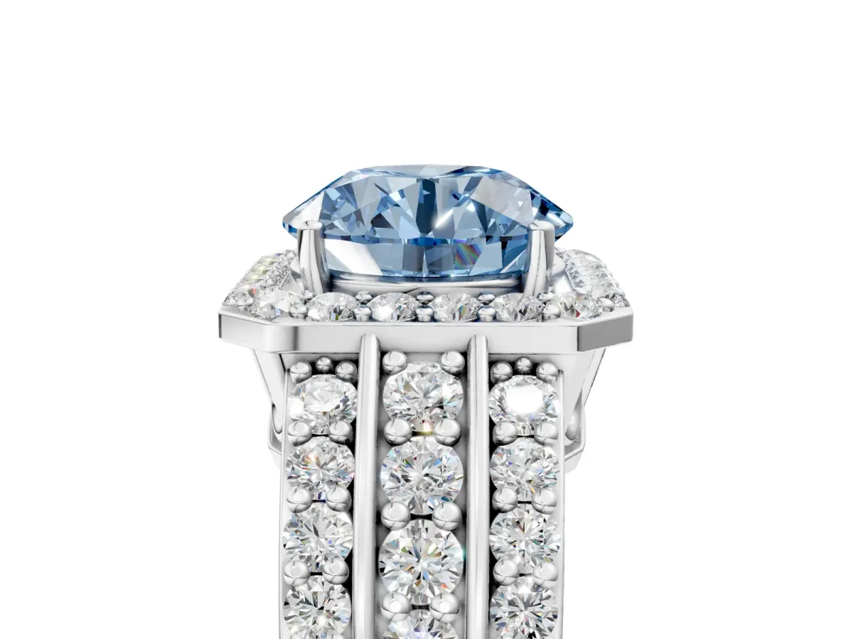 Fancy Blue Round Cut Halo Diamond Ring with Round Split Shank and Prong Setting White gold
