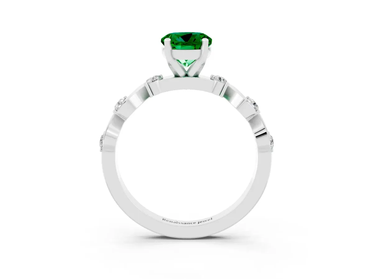 Round Cut Emerald Solitaire Twisted Band with Round Accents and Prong Setting Silver